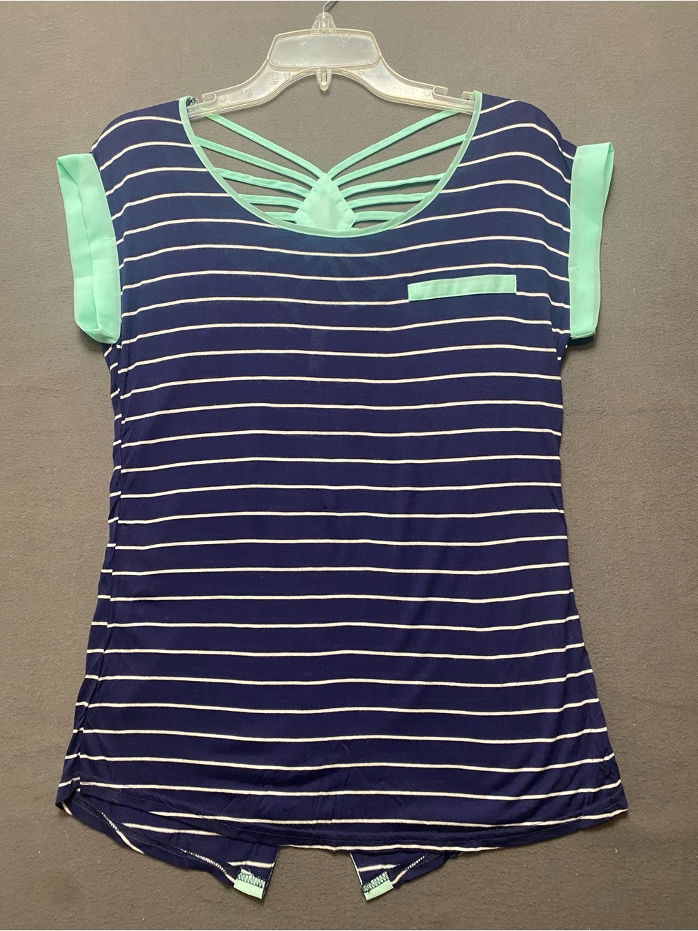 Vanity Navy Stripe Short Sleeve Top with Mint Accents